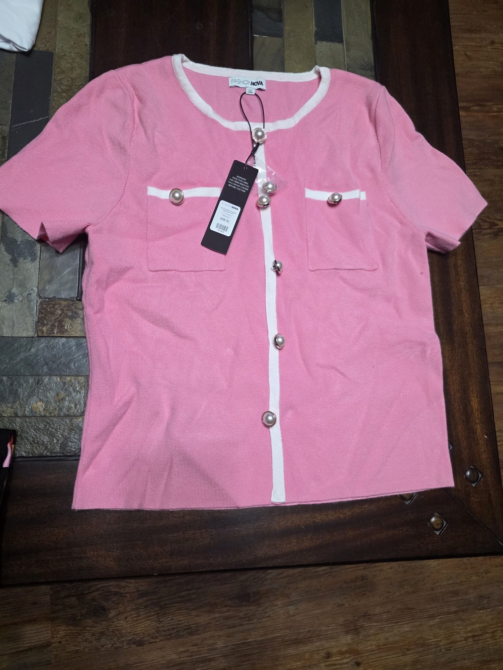 Fashion Nova Pink Short Sleeve Button-Front Knit Top with White Trim
